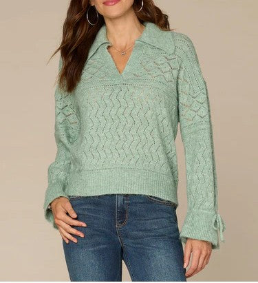 Long Flounce Sleeve V-Neck Collar Placement Pointelle Stitch Sweater