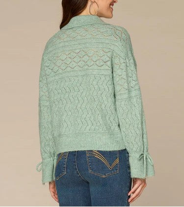 Long Flounce Sleeve V-Neck Collar Placement Pointelle Stitch Sweater