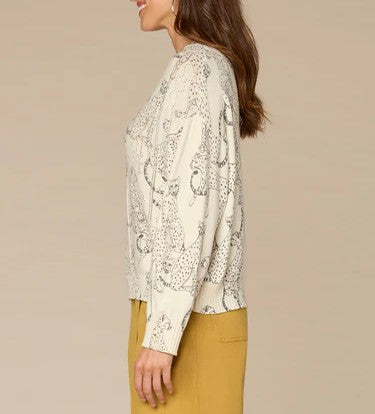 Long Straight Sleeve Ribbed Boat Neck Printed Pull Over Sweater