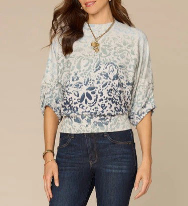 Three Quarter Pleated Sleeve Round Neck Banded Hem Printed Sweater