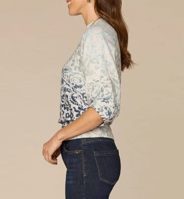 Three Quarter Pleated Sleeve Round Neck Banded Hem Printed Sweater