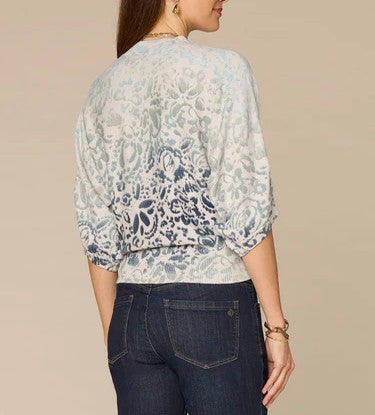 Three Quarter Pleated Sleeve Round Neck Banded Hem Printed Sweater