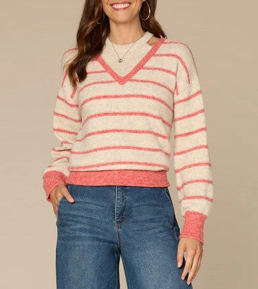 Long Sleeve Twofer V-Neck Novelty Stitch Stripe Sweater