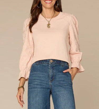 Flounce Sleeve Scoop Neck Die Cut Embroidered Knit Sweatshirt