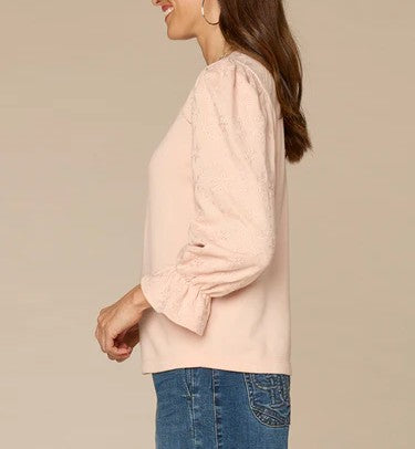 Flounce Sleeve Scoop Neck Die Cut Embroidered Knit Sweatshirt