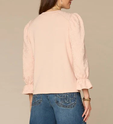 Flounce Sleeve Scoop Neck Die Cut Embroidered Knit Sweatshirt