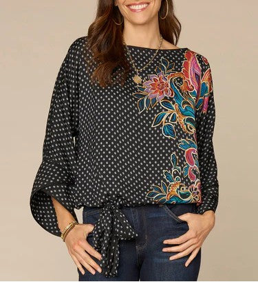 Sleeve Boat Neck Self Bow Hem Printed Woven Top