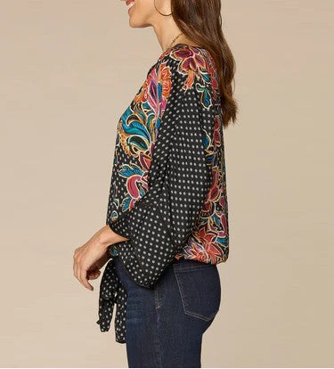 Sleeve Boat Neck Self Bow Hem Printed Woven Top