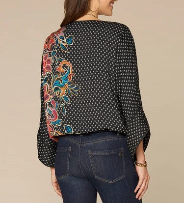 Sleeve Boat Neck Self Bow Hem Printed Woven Top