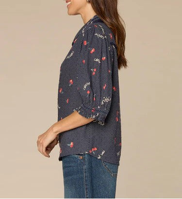 Below Elbow Sleeve Button Down Printed Woven Top with Piping Detail
