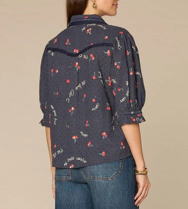 Below Elbow Sleeve Button Down Printed Woven Top with Piping Detail