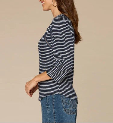 Three Quarter Sleeve Boat Neck Crochet Striped Knit Top