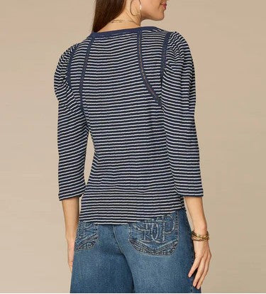 Three Quarter Sleeve Boat Neck Crochet Striped Knit Top