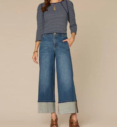 Three Quarter Sleeve Boat Neck Crochet Striped Knit Top