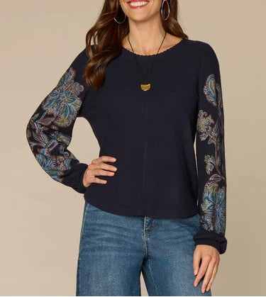Long Blouson Sleeve Embroidered Scoop Neck Placement Print Knit Top