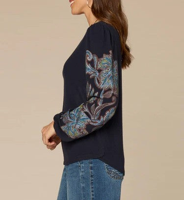 Long Blouson Sleeve Embroidered Scoop Neck Placement Print Knit Top