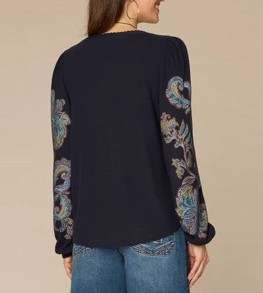 Long Blouson Sleeve Embroidered Scoop Neck Placement Print Knit Top