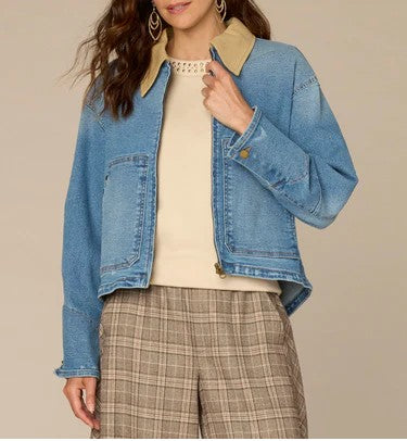 Long Sleeve Contrast Collar Zip Front Jacket with Studded Pockets