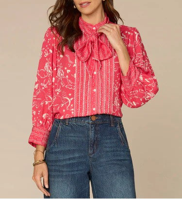 Three Quarter Sleeve Self Tie Button Down Scallop Edge Woven Shirt