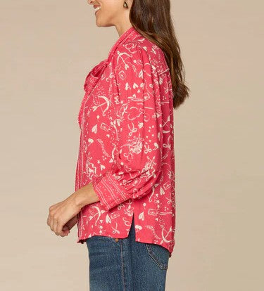 Three Quarter Sleeve Self Tie Button Down Scallop Edge Woven Shirt