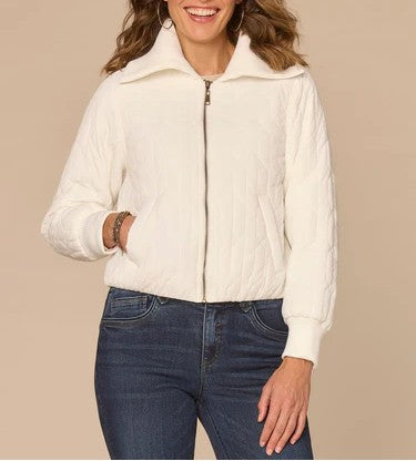 Long Sleeve Collar Neck Zip Front Quilted Sweater Jacket