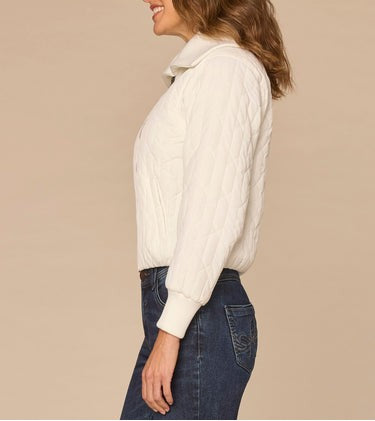 Long Sleeve Collar Neck Zip Front Quilted Sweater Jacket